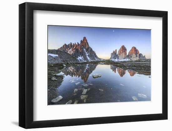 Three Peaks and Mount Paterno Reflected in the Lake. Sesto Dolomites-ClickAlps-Framed Photographic Print