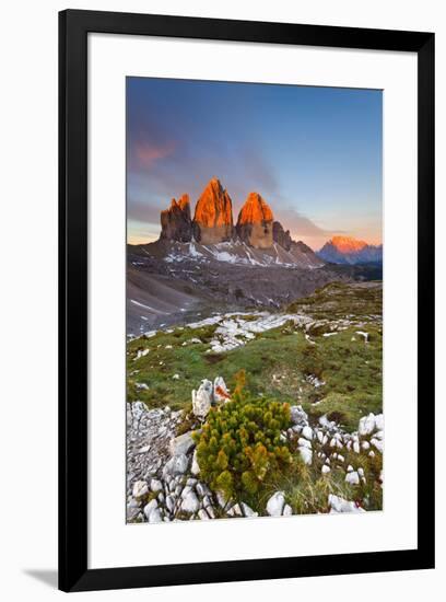 Three peaks of Lavaredo, Dolomites, Italy. The early morning colors the three peaks, in summertime.-ClickAlps-Framed Photographic Print