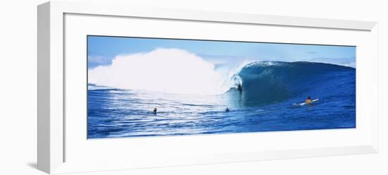 Three People Bodyboarding in the Ocean, Tahiti, French Polynesia-null-Framed Photographic Print