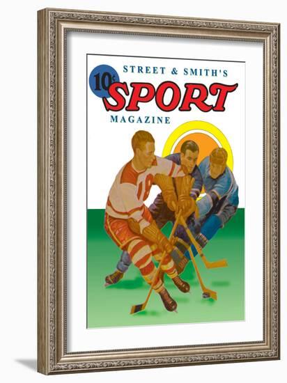 Three Players Fight for the Puck-null-Framed Art Print