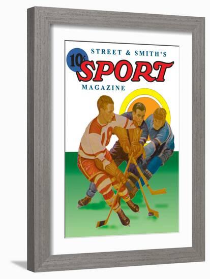 Three Players Fight for the Puck-null-Framed Art Print