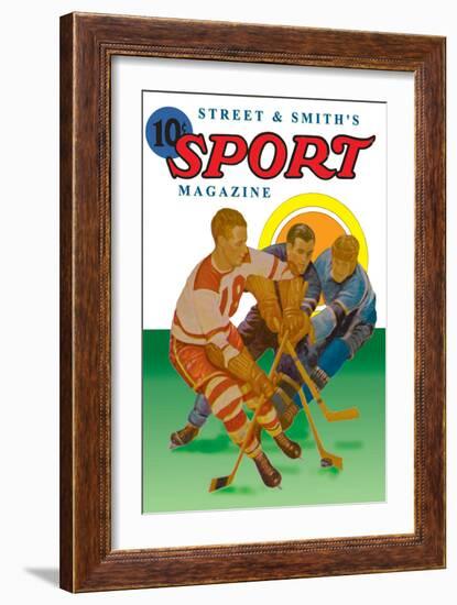 Three Players Fight for the Puck-null-Framed Art Print