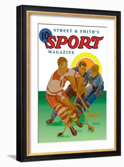 Three Players Fight for the Puck-null-Framed Art Print