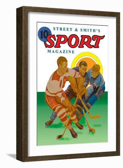 Three Players Fight for the Puck-null-Framed Premium Giclee Print