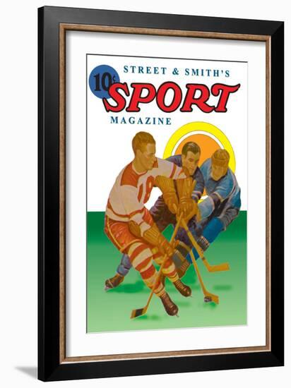 Three Players Fight for the Puck-null-Framed Premium Giclee Print