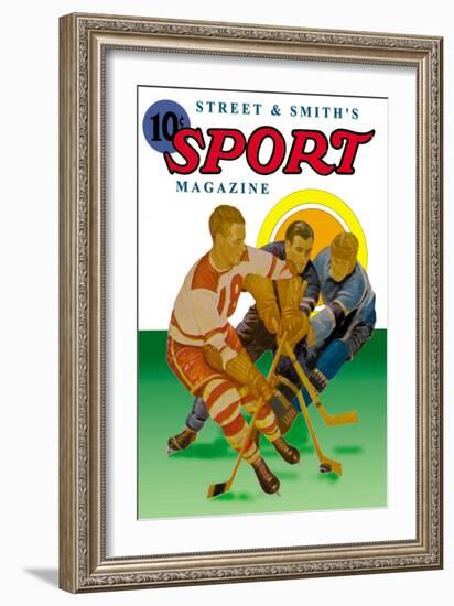 Three Players Fight for the Puck-null-Framed Art Print