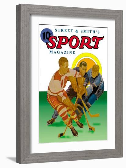 Three Players Fight for the Puck-null-Framed Art Print