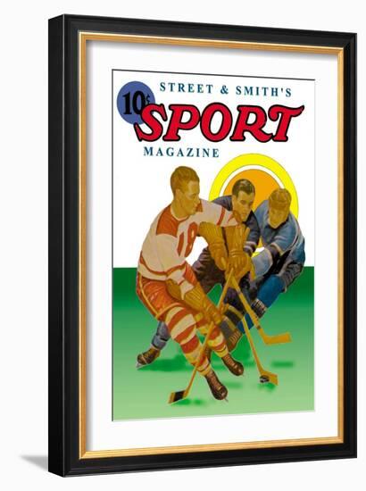 Three Players Fight for the Puck-null-Framed Art Print