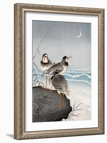 Three Plovers, Waves and Crescent Moon-Koson Ohara-Framed Giclee Print