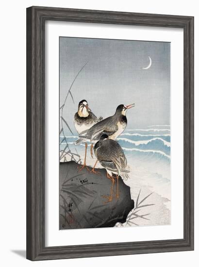 Three Plovers, Waves and Crescent Moon-Koson Ohara-Framed Giclee Print