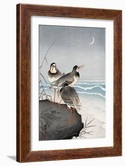 Three Plovers, Waves and Crescent Moon-Koson Ohara-Framed Giclee Print