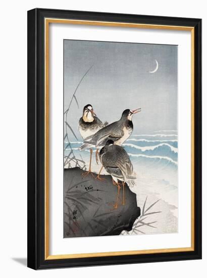 Three Plovers, Waves and Crescent Moon-Koson Ohara-Framed Giclee Print