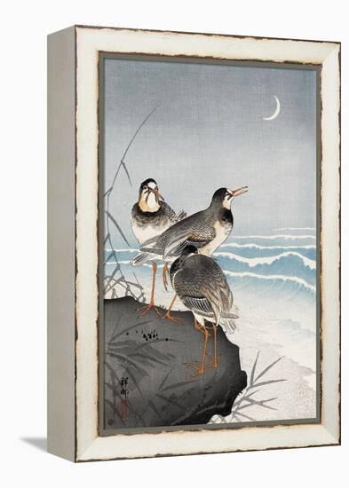 Three Plovers, Waves and Crescent Moon-Koson Ohara-Framed Premier Image Canvas