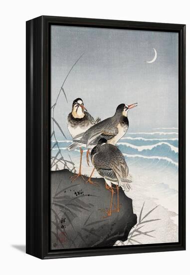Three Plovers, Waves and Crescent Moon-Koson Ohara-Framed Premier Image Canvas