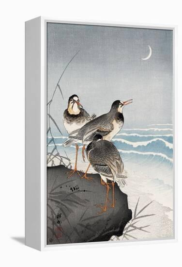 Three Plovers, Waves and Crescent Moon-Koson Ohara-Framed Premier Image Canvas