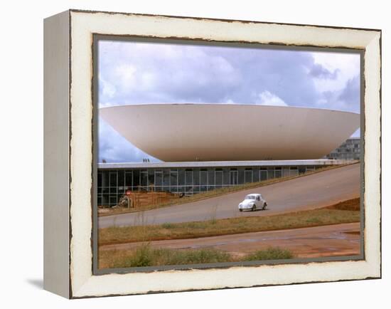 Three Powers Square Building Built by Oscar Niemeyer as Volkwagan drives by-Dmitri Kessel-Framed Premier Image Canvas