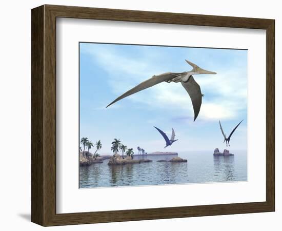 Three Pteranodons Flying over Landscape with Hills, Palm Trees and Water-null-Framed Premium Giclee Print