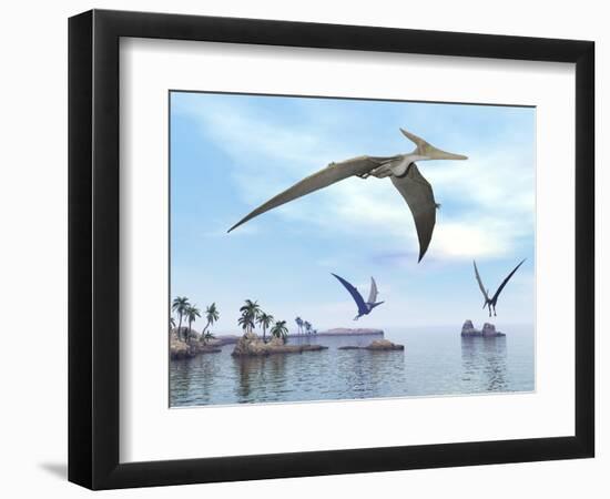 Three Pteranodons Flying over Landscape with Hills, Palm Trees and Water-null-Framed Premium Giclee Print