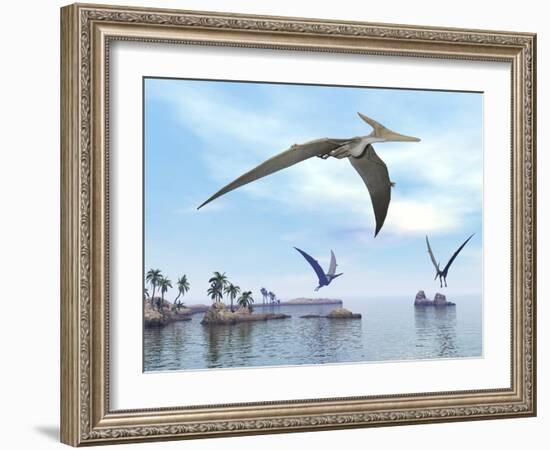 Three Pteranodons Flying over Landscape with Hills, Palm Trees and Water-null-Framed Art Print