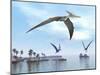 Three Pteranodons Flying over Landscape with Hills, Palm Trees and Water-null-Mounted Art Print