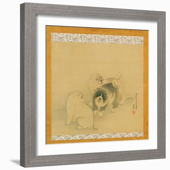 Three Puppies, 1790 (Ink & Colour on Silk, Mounted as a Hanging Scroll)-Maruyama Okyo-Framed Giclee Print