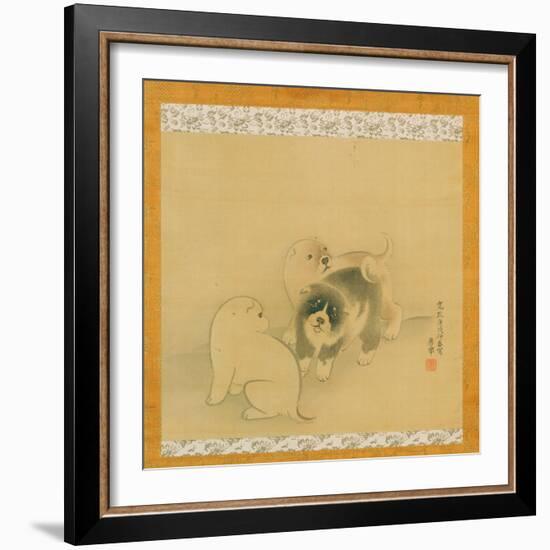 Three Puppies, 1790 (Ink & Colour on Silk, Mounted as a Hanging Scroll)-Maruyama Okyo-Framed Giclee Print