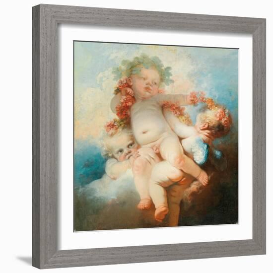 Three Putti Wreathed with Flowers (Oil on Canvas)-Jean-Honore Fragonard-Framed Giclee Print