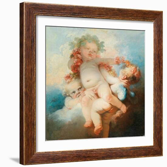 Three Putti Wreathed with Flowers (Oil on Canvas)-Jean-Honore Fragonard-Framed Giclee Print