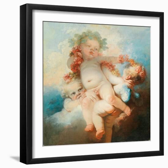 Three Putti Wreathed with Flowers (Oil on Canvas)-Jean-Honore Fragonard-Framed Giclee Print