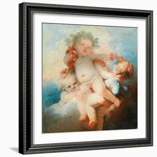 Three Putti Wreathed with Flowers (Oil on Canvas)-Jean-Honore Fragonard-Framed Giclee Print