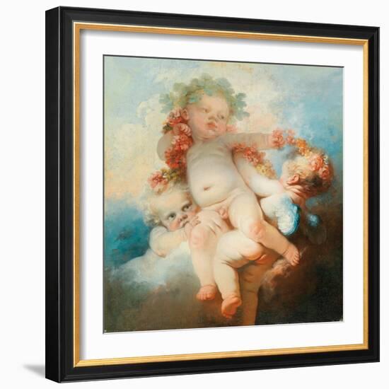 Three Putti Wreathed with Flowers (Oil on Canvas)-Jean-Honore Fragonard-Framed Giclee Print