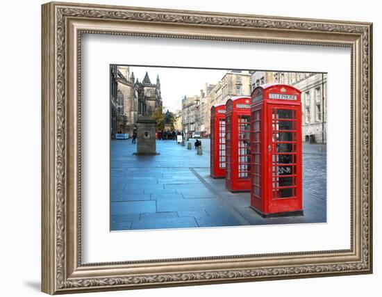 Three Red Booths on a Row in the Street on Edinburgh, Scotland, Uk.-pink candy-Framed Photographic Print