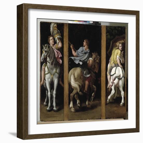 Three Roman Soldiers Riding, 1536-40 (Oil on Canvas)-Giulio Romano-Framed Giclee Print