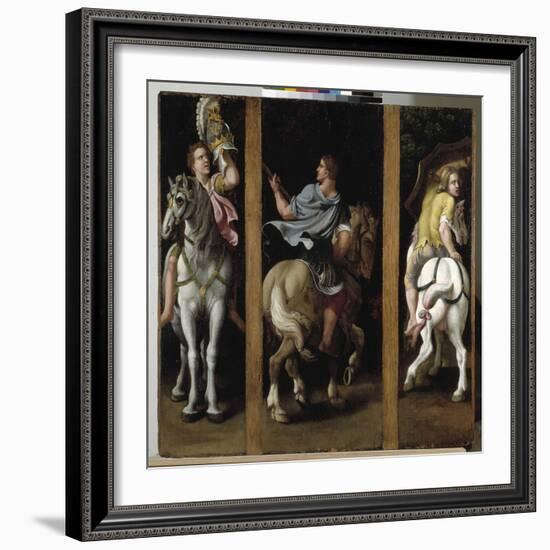 Three Roman Soldiers Riding, 1536-40 (Oil on Canvas)-Giulio Romano-Framed Giclee Print