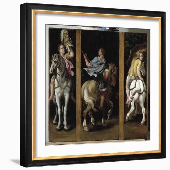 Three Roman Soldiers Riding, 1536-40 (Oil on Canvas)-Giulio Romano-Framed Giclee Print