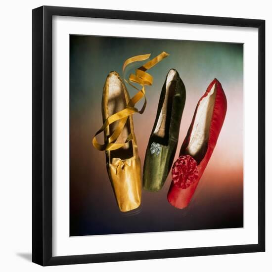 Three Silk Satin Ballet Slippers with Silk Ribbon and Rosette, c.1830-null-Framed Giclee Print