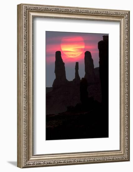 Three Sisters formation silhouetted at sunset, Monument Valley, Arizona-Adam Jones-Framed Photographic Print