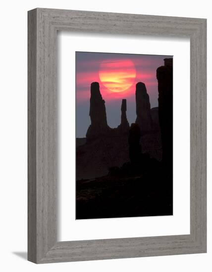 Three Sisters formation silhouetted at sunset, Monument Valley, Arizona-Adam Jones-Framed Photographic Print