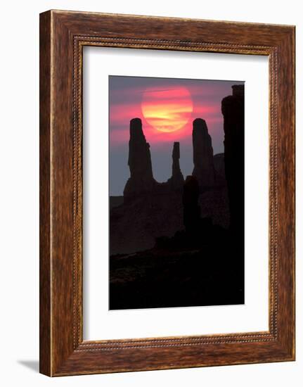 Three Sisters formation silhouetted at sunset, Monument Valley, Arizona-Adam Jones-Framed Photographic Print