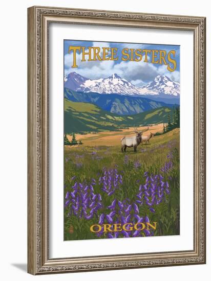 Three Sisters, Oregon - Elk and Flowers-Lantern Press-Framed Art Print