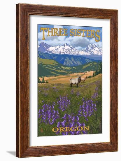 Three Sisters, Oregon - Elk and Flowers-Lantern Press-Framed Art Print