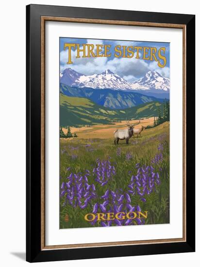 Three Sisters, Oregon - Elk and Flowers-Lantern Press-Framed Art Print