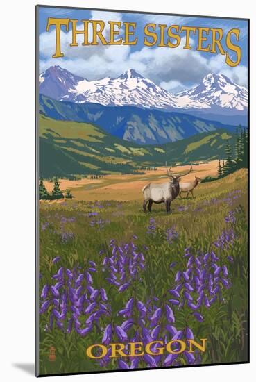 Three Sisters, Oregon - Elk and Flowers-Lantern Press-Mounted Art Print