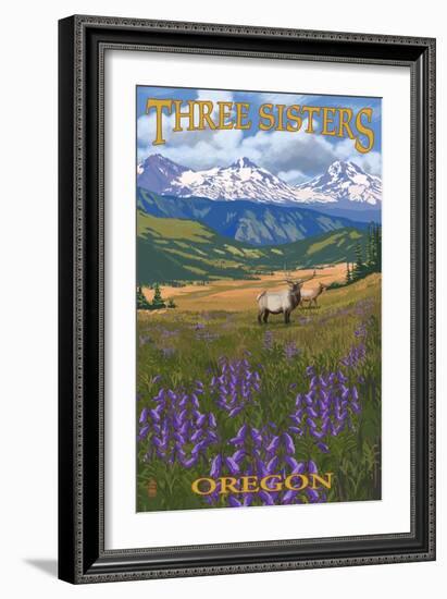 Three Sisters, Oregon - Elk and Flowers-Lantern Press-Framed Art Print