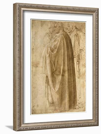 Three Standing Men in Wide Cloaks Turned to the Left, Ca 1492-1496-Michelangelo Buonarroti-Framed Giclee Print