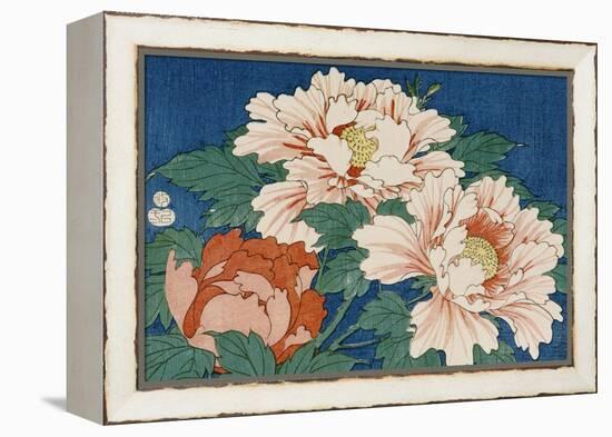 Three Stems of Peonies on a Blue Background, 1857-Ando Hiroshige-Framed Premier Image Canvas