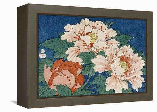 Three Stems of Peonies on a Blue Background, 1857-Ando Hiroshige-Framed Premier Image Canvas