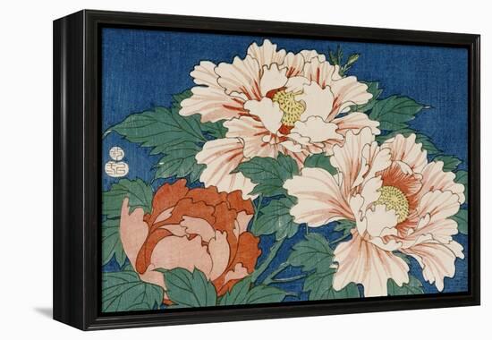 Three Stems of Peonies on a Blue Background, 1857-Ando Hiroshige-Framed Premier Image Canvas