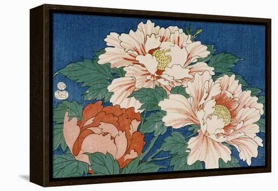 Three Stems of Peonies on a Blue Background, 1857-Ando Hiroshige-Framed Premier Image Canvas