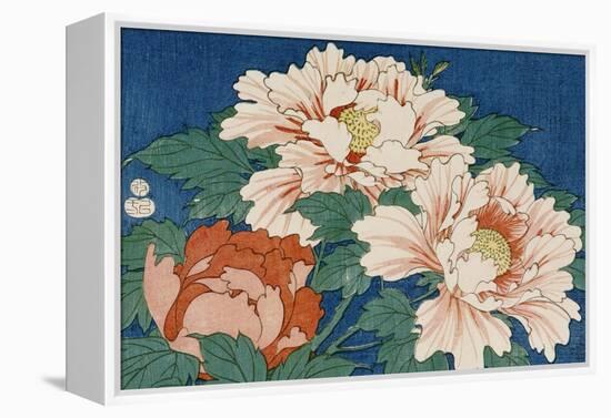 Three Stems of Peonies on a Blue Background, 1857-Ando Hiroshige-Framed Premier Image Canvas